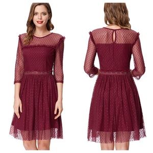 Polka Dot 3/4 Sleeve Mesh A-Line Dress